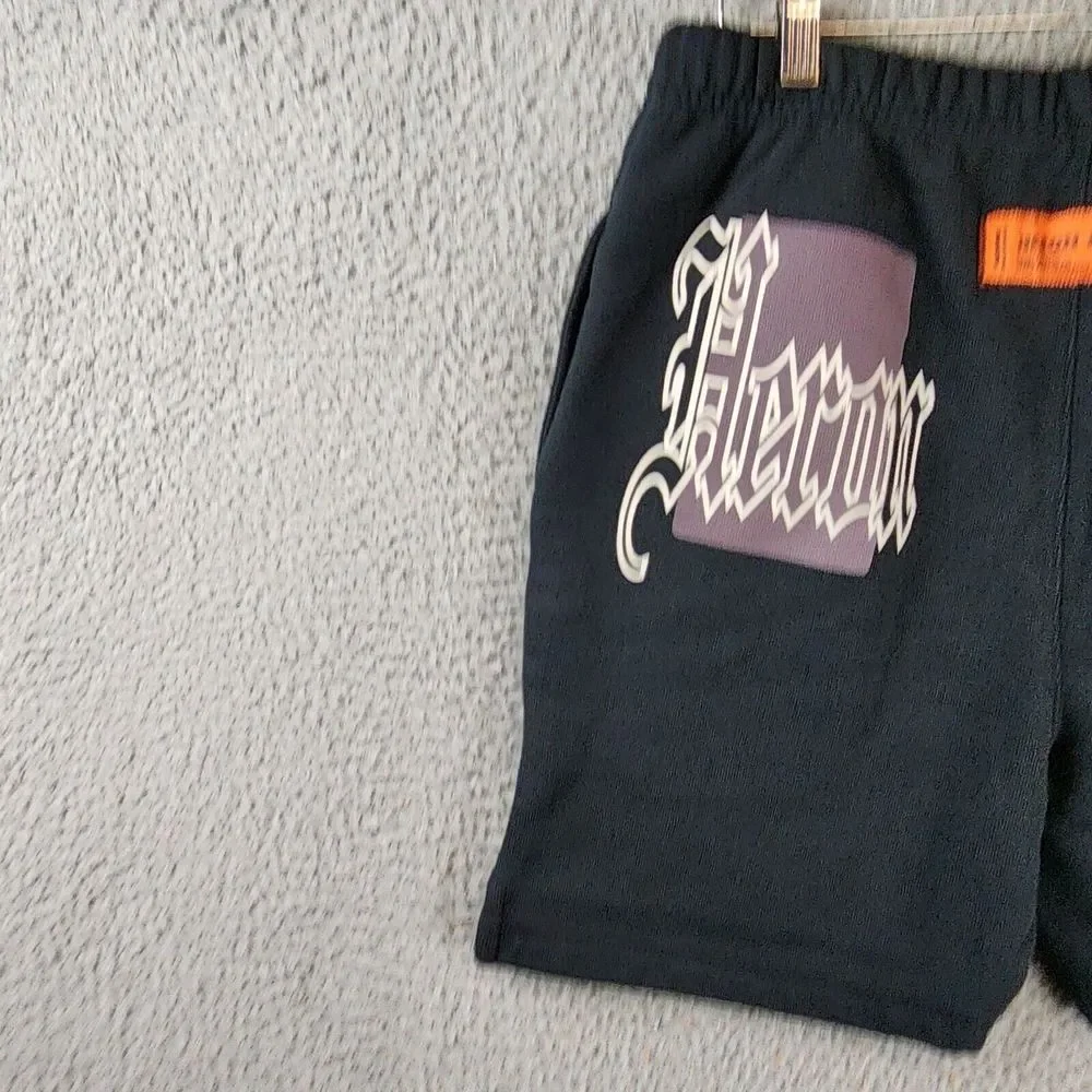 Heron Preston Color Blocks Logo Print Sweat Shorts Men's S Black Gray Pockets~ - Picture 13 of 14